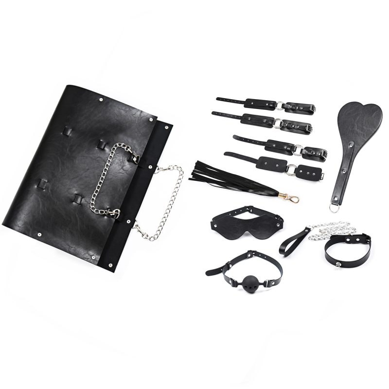 Premium Bondage Kit - 8 Piece Set with Mask, Cuffs, Collar, Gag, Flogger, Paddle, and Bag