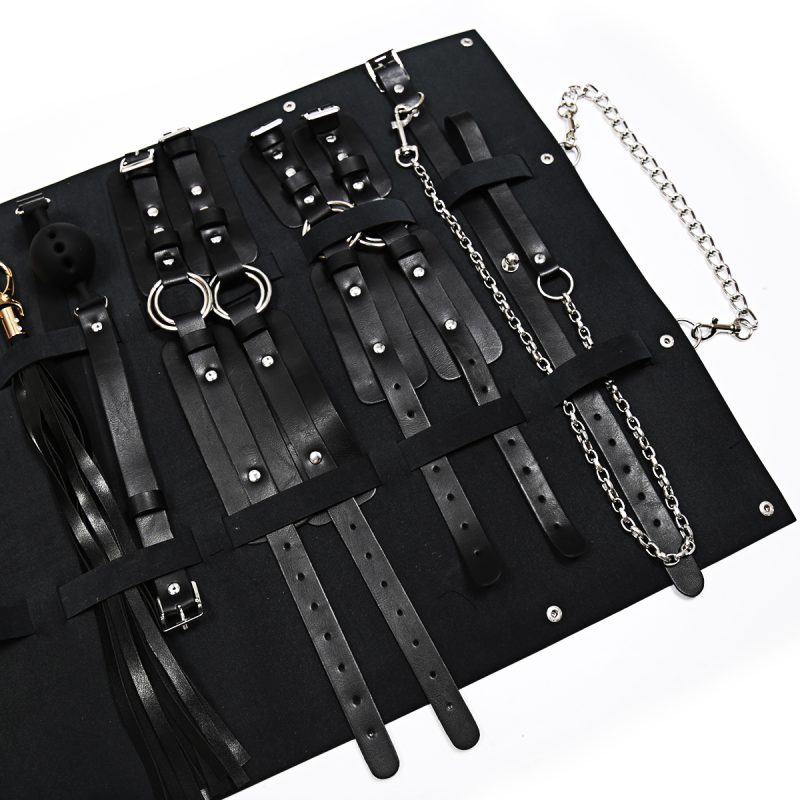 Premium Bondage Kit - 8 Piece Set with Mask, Cuffs, Collar, Gag, Flogger, Paddle, and Bag