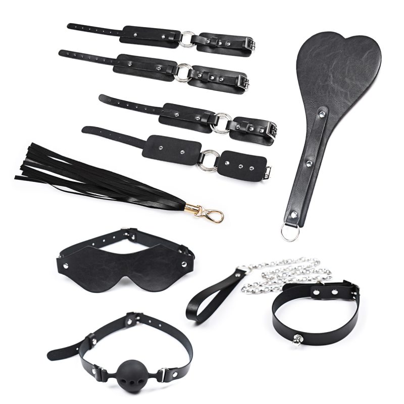 Premium Bondage Kit - 8 Piece Set with Mask, Cuffs, Collar, Gag, Flogger, Paddle, and Bag