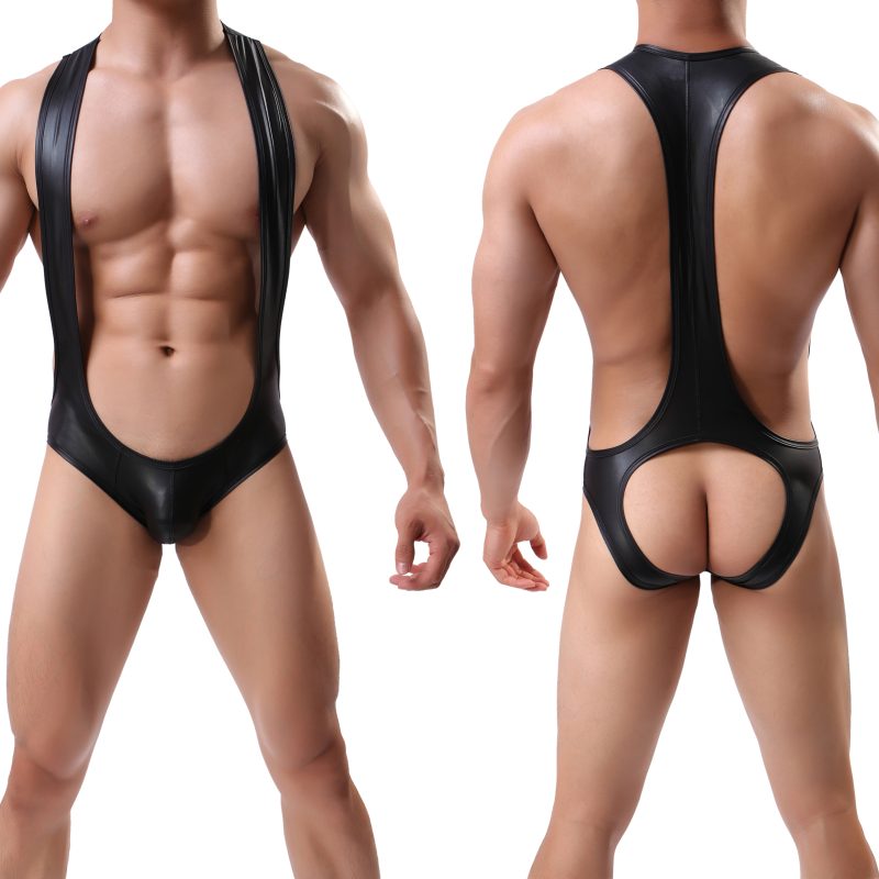 Patent Leather Open-Back Bodysuit PU clothing PU leather LGBT gay muscle fit outfit fetish costume